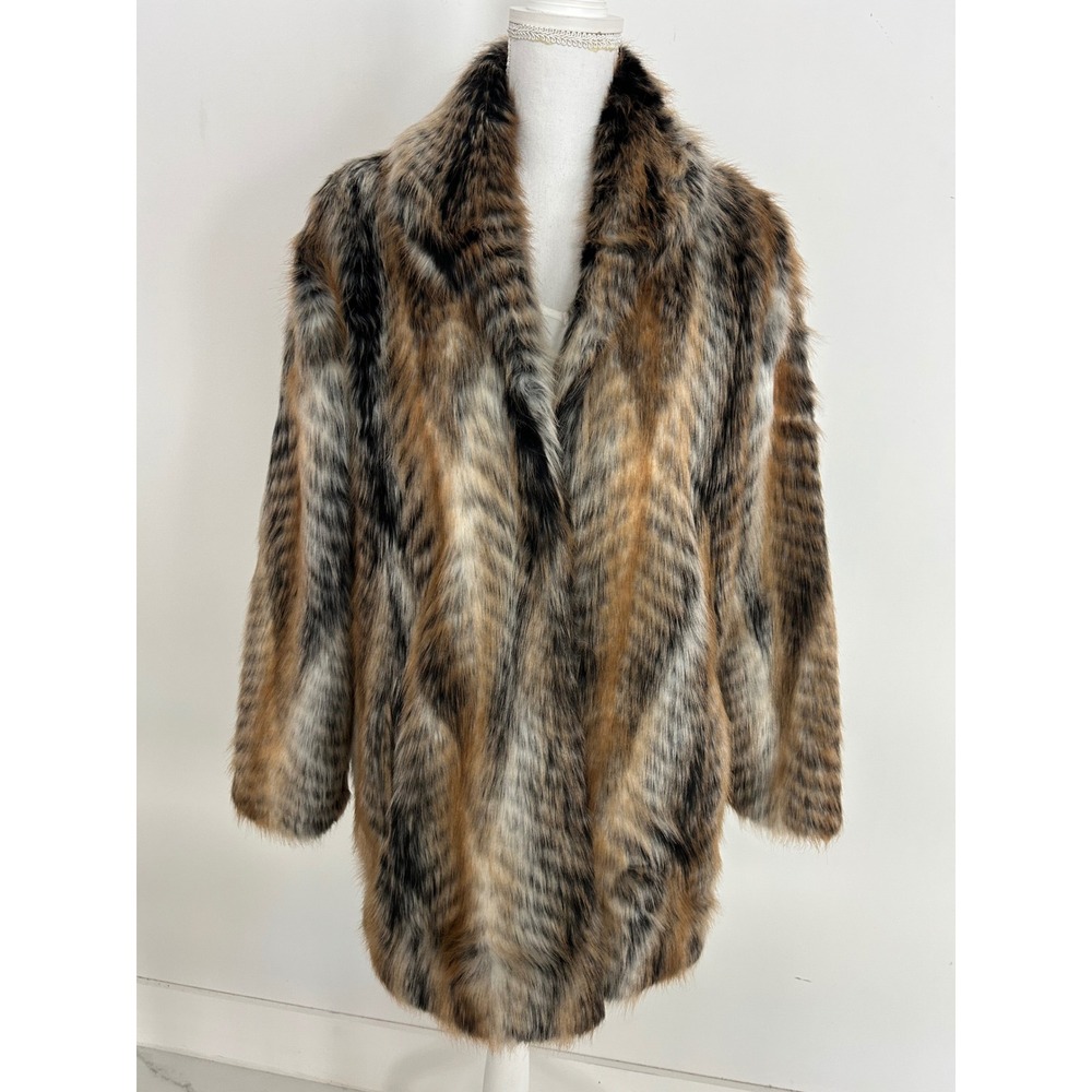 Donna Salyers Fabulous Furs Brown Tan Black Faux Fur Coat Womens Medium